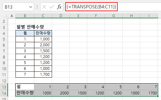 TRANSPOSE 함수로 세로로 된 자료를 가로로 바꾸기 결과