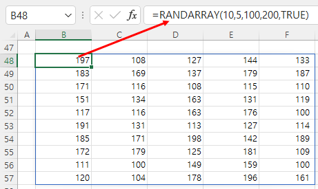 RANDARRAY 함수 - 10행 5열 정수 형태의 난수 구하기