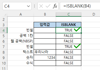 ISBLANK 함수로 빈셀인지 판단하여 TRUE, FALSE 표시