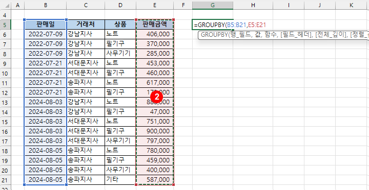 GROUPBY 함수 - 판매일로 그룹화하여 합계 만들기