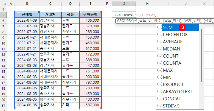 GROUPBY 함수 - 판매일로 그룹화하여 합계 만들기(함수 선택)