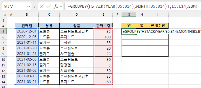 GROUPBY 함수로 연월별 합계 구하기 - 수식 입력