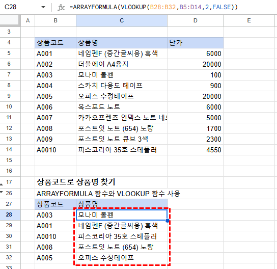 ARRAYFORMULA 함수와 VLOOKUP 함수를 중첩하여 상품코드별 상품명 찾기