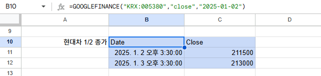 GOOGLEFINANCE 함수로 현대차 과거 주가 조회(2025-01-02 종가)