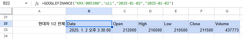 GOOGLEFINANCE 함수로 현대차 과거 주가 조회(2025-01-02 모든 수치)