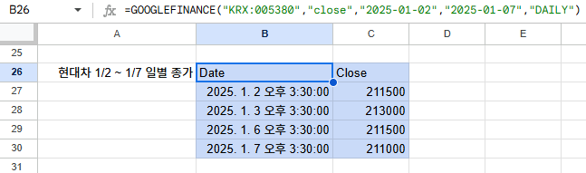 GOOGLEFINANCE 함수로 현대차 2025-01-02 ~ 2025-01-07 기간의 일별 종가