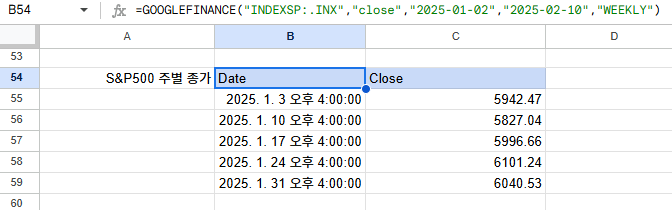 GOOGLEFINANCE 함수로 S&P500 지수 주별 종가 조회