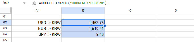 GOOGLEFINANCE 함수로 환율 조회