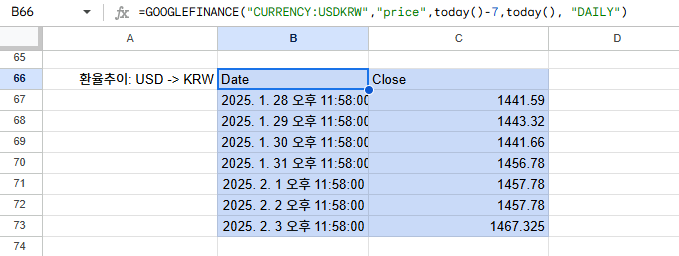 GOOGLEFINANCE 함수로 환율 추이(USD->KRW) 조회